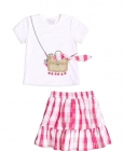 CONJUNTO BLUSA OFF WHITE E SAIA XADREZ PINK 