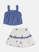 CONJUNTO MOMI BATA REGATA E SAIA C/FLORES AZUIS